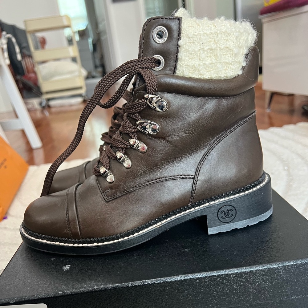 CHANEL Brown Leather Combat Boots